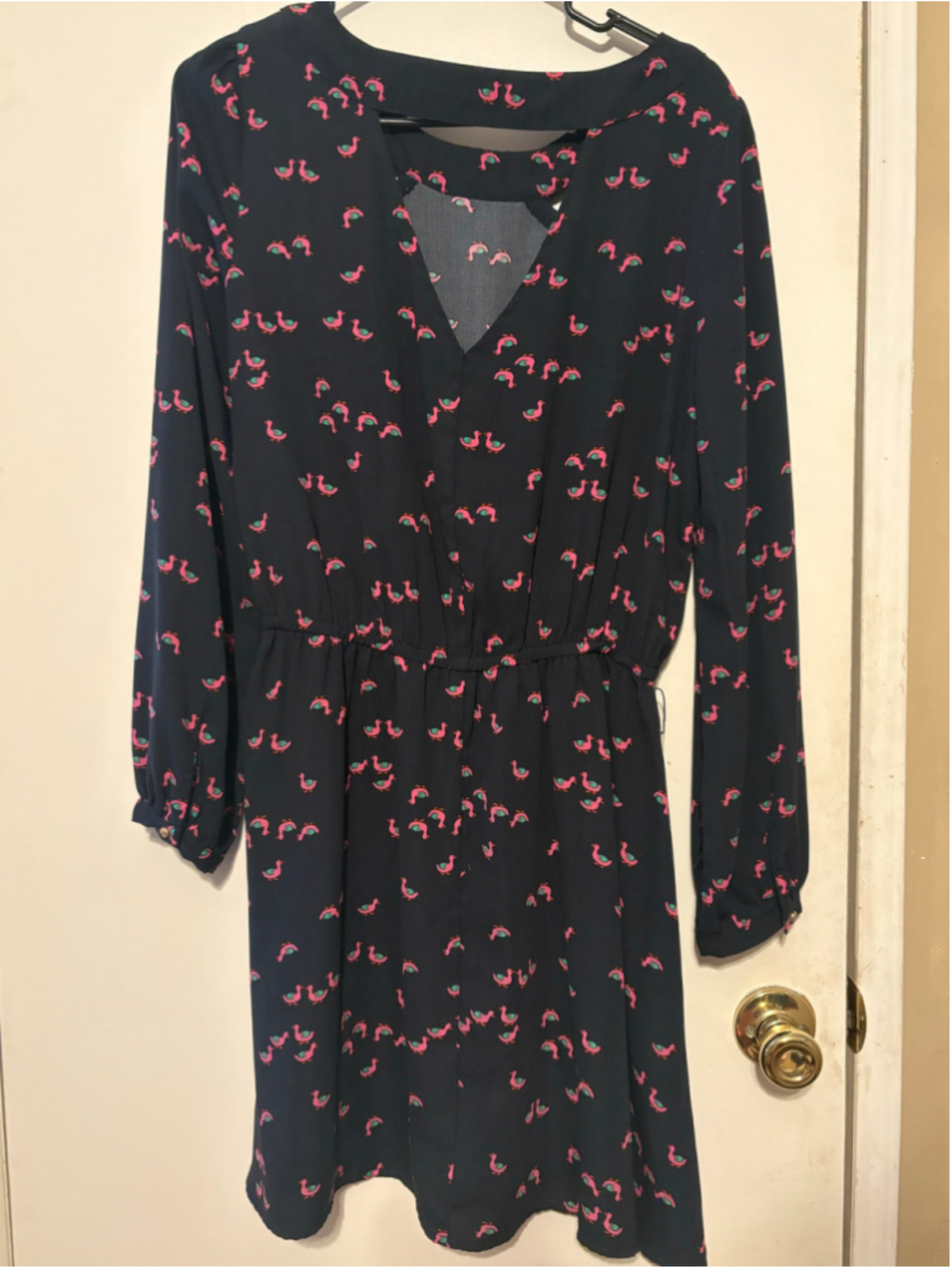 Women's Under Skies Black Pink Flamingo Print Long Sleeve Dress M